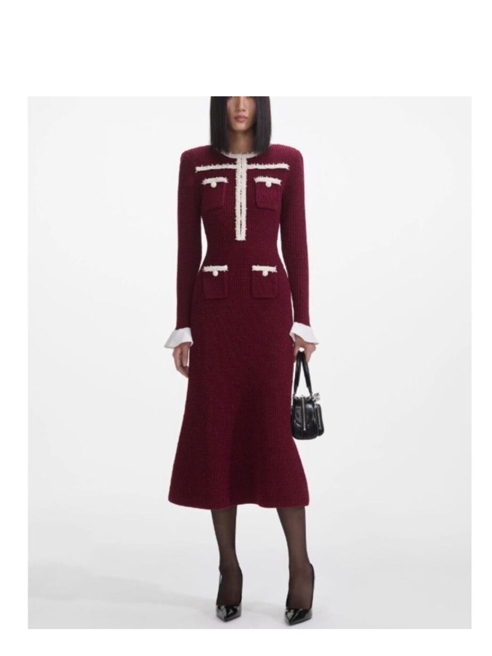 Self-Portrait Burgundy Knit Midi Dress with Ivory Trim